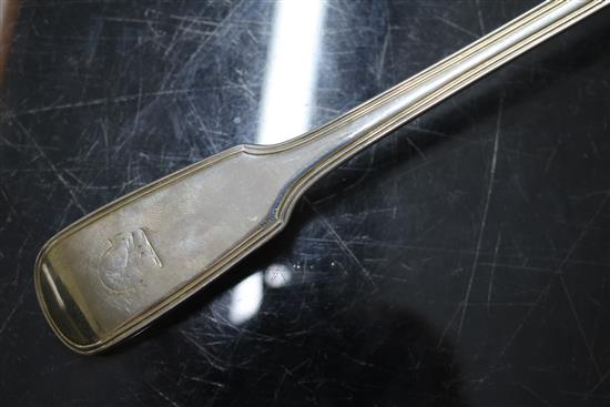 A George IV silver fiddle and thread pattern soup ladle, William Eaton, London, 1829, 9 oz.